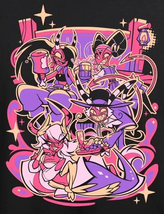 new pink & purple pirate themed helluva boss merch of sallie may, barbie wire, verosika & wally wackford.