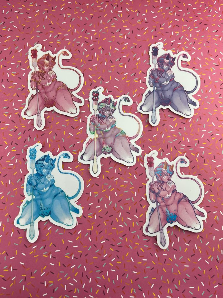 5 ice cream demon stickers on a pink sprinkled background. Variants include rainbow, lesbian, mlm, trans and berry! 