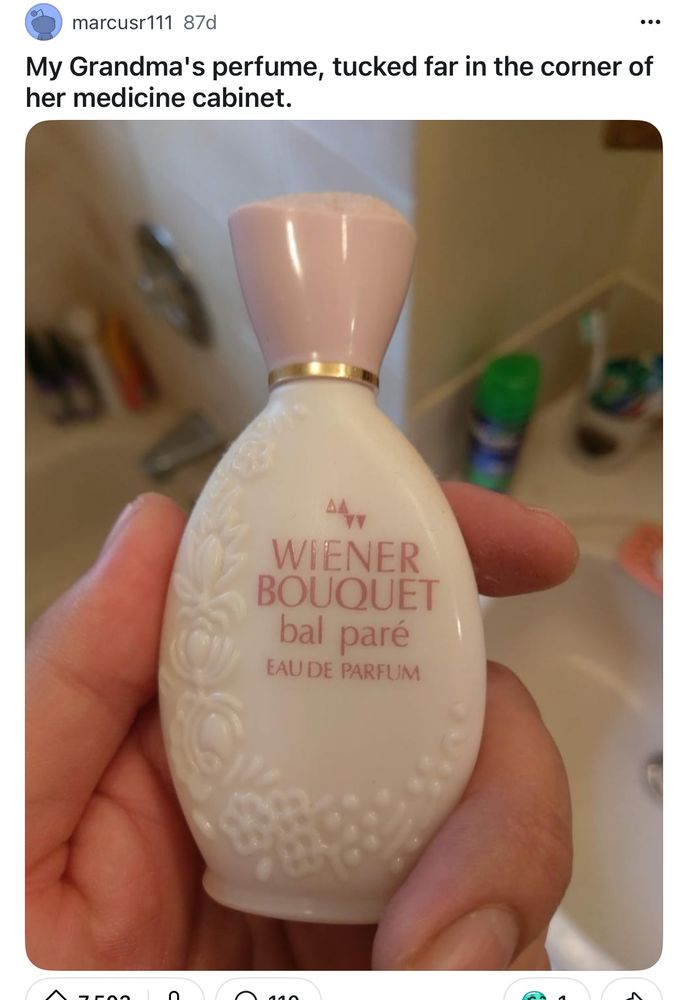 marcusr111 87d
My Grandma's perfume, tucked far in the corner of her medicine cabinet.
WIENER BOUQUET
bal paré
EAU DE PARFUM
