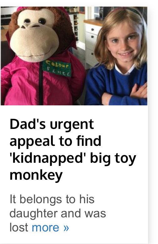Dad’s urgent appeal to find kidnapped big toy monkey
