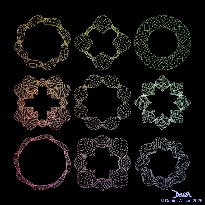 Parametric curves with rainbow gradients.