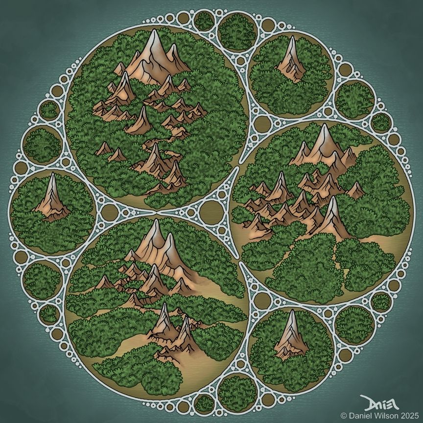 Fantasy map based on an Apollonian gasket, made of circular continents and islands, mostly filled with steep mountains and trees. Created over the course of a week using Excel, Krita, pen & paper.

"Somewhere in the sea of eternity lies a mystical land with a circular coast and infinite isles, created by a powerful wizard afflicted by genius and madness. The land shapeshifts as one navigates its terrain, serving as haven for the inhabitants, and horror to invaders."