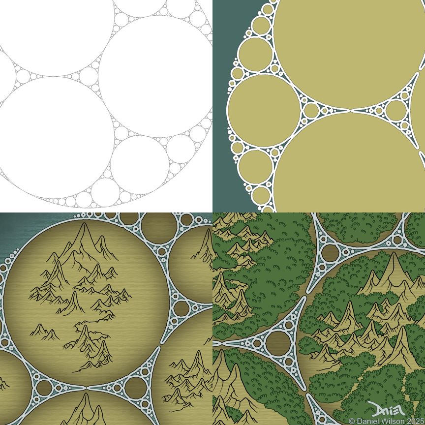 Four images showing the process of turning a 3-fold Apollonian gasket into a fantasy map.