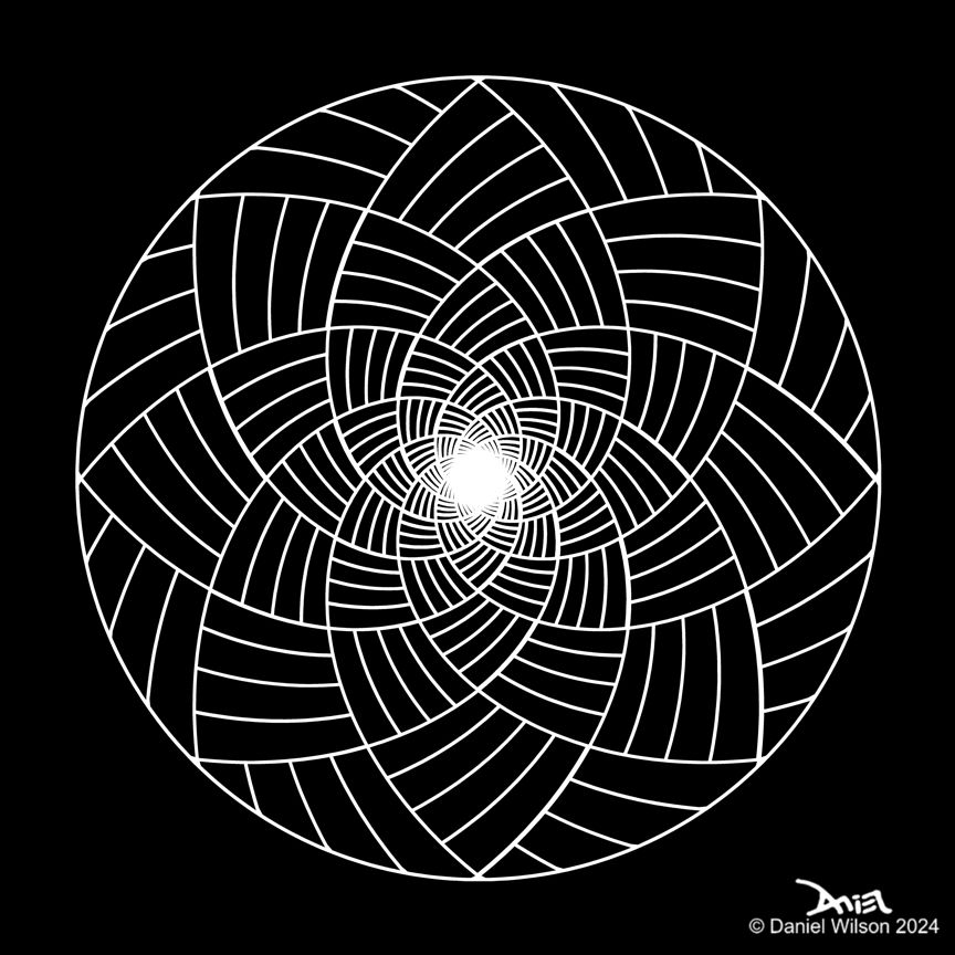 Rotated logarithmic curves facing opposite directions creates a vortex pattern inside a circle. Contained within the circular grid are more alternating sets of opposite facing logarithmic curves. White on black background.