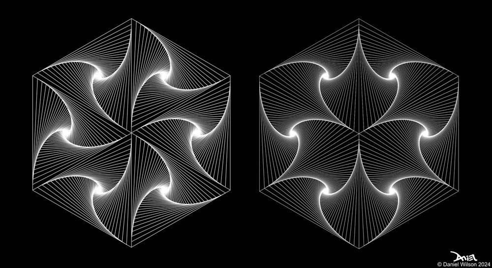 Two hexagon patterns of straight lines that form curved lines. White on black background. Zentangle paradox, paradox tangles, pursuit curves.