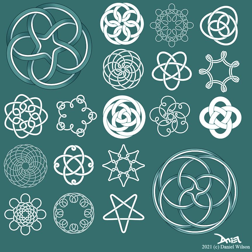 A dark green poster with digitally-created two-dimensional knots colored white and green. 2 large patterns and 17 small patterns. The large patterns are each two knots edited together.