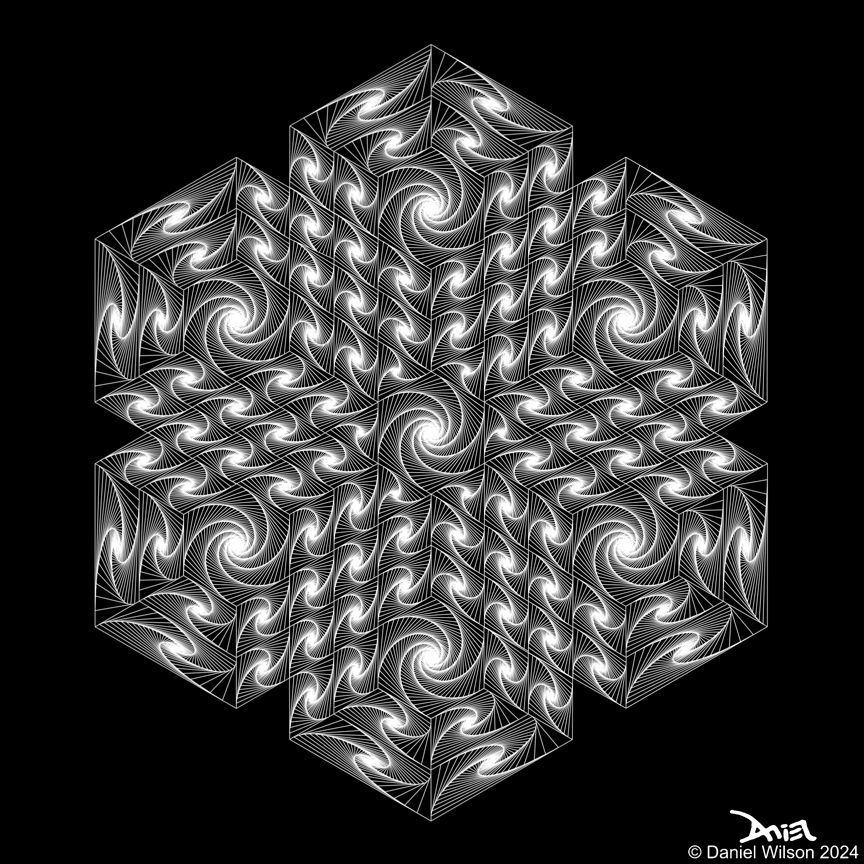 A pattern of straight lines that form curved lines. White on black background. Zentangle paradox, paradox tangles, pursuit curves.