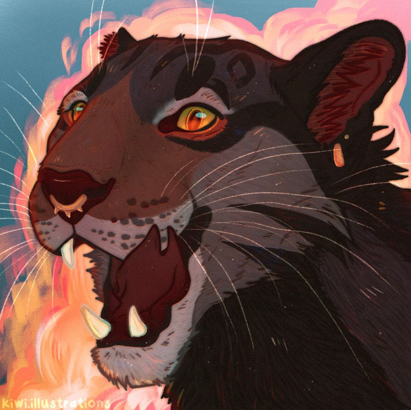 digital illustration of a clouded leopard original character licking its lips with a split forked tongue, fire blazing behind it