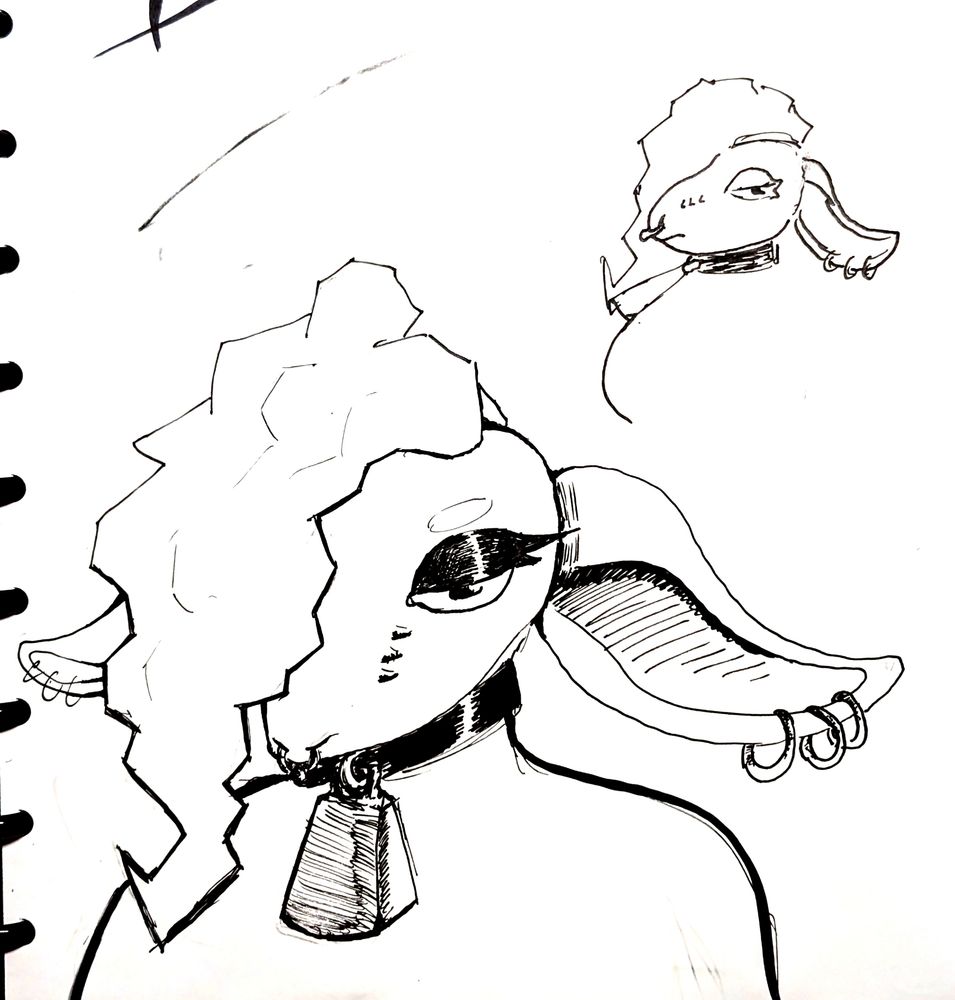 Black and white sketch page of a lamb furry wearing heavy goth makeup. She has several piercings, rings on the ears and on the nose, and a collar with a big bell dangling off it.