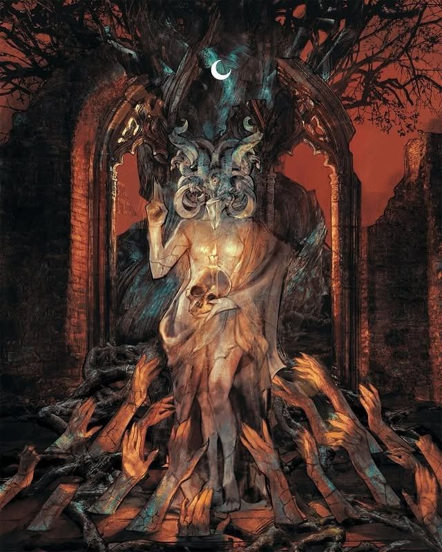 Digital art horrifique d'inspiration lovcraftienne ? Des mains tendues remontent vers un corps féminisé au visage tentaculaire et cornu. Le corps est encadré par une arche gothique, devant ellui lae personnage tient un crâne avec une bougie dessus. Un voile transparent couvre son sexe et son épaule.