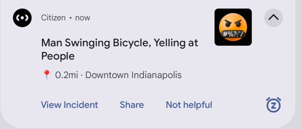 Screenshot of an alert from the Citizen app reading "Man Swinging Bicycle, Yelling at People"