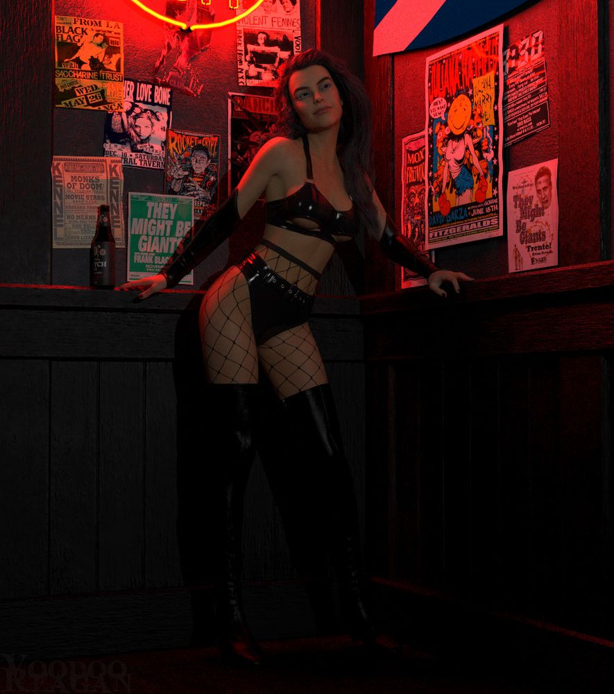 A woman stands in the corner of a seedy bar. She's wearing thigh-high boots, bracers, and black latex bra and panties over fishnet pantyhose. She looks off into the distance. Is she watching a band, casing the joint, or stalking someone? Who knows!