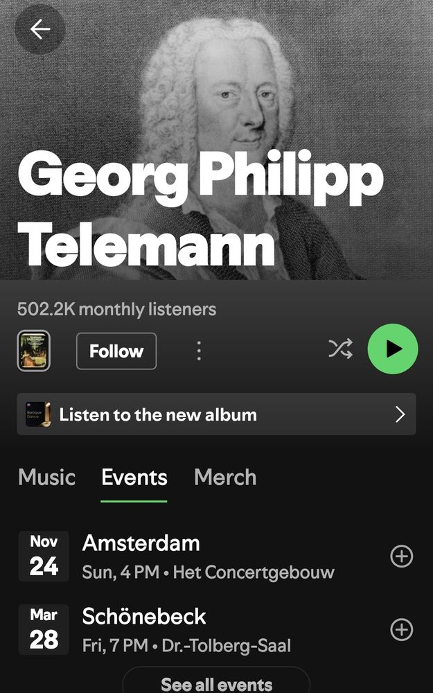 Screenshot of a Spotify artist page for Georg Philipp Telemann, dead as of 25 June 1767, which also references a new album, upcoming events, and merch