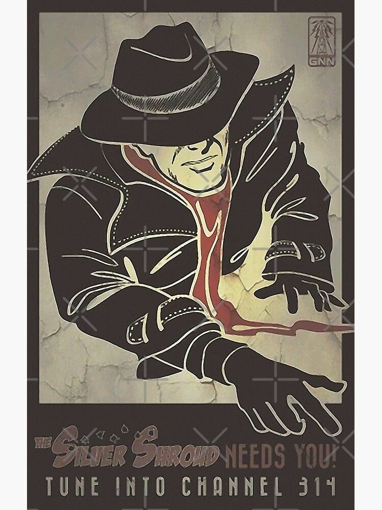 A promotional poster for the Fallout universe's equivalent of The Shadow, the Silver Shroud. One arc of the show is available in the game files.