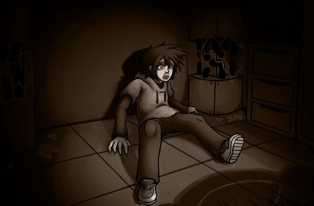 A young man in a small room, on the floor with an expression of dread on his face as he stares at ??? on the other side.
