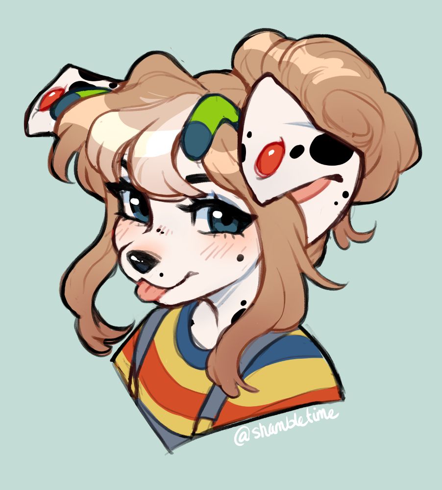A shoulders-up drawing of an anthro dalmatian with blonde hair, colourful striped shirt and alien antenna.