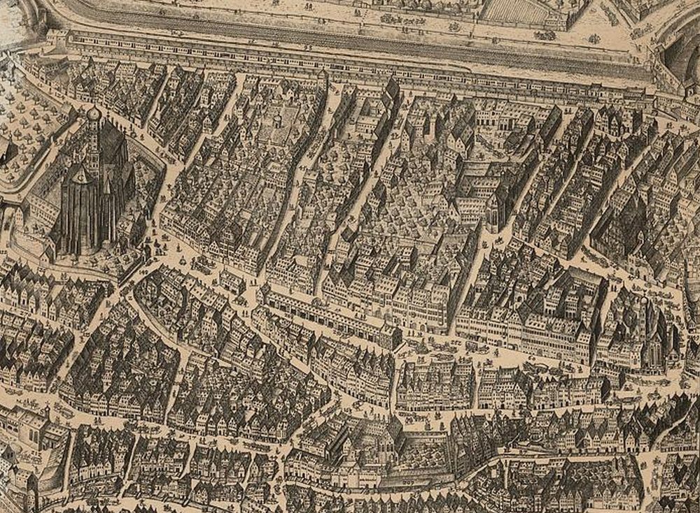 Detail Stadtplan Augsburg im 17. Jh. - möglicherweise mit dem Heilig-Geist-Spital in der Spitalgasse, in die damals der Blitz eingeschlagen ist (heute Museum der Augsburger Puppenkiste)