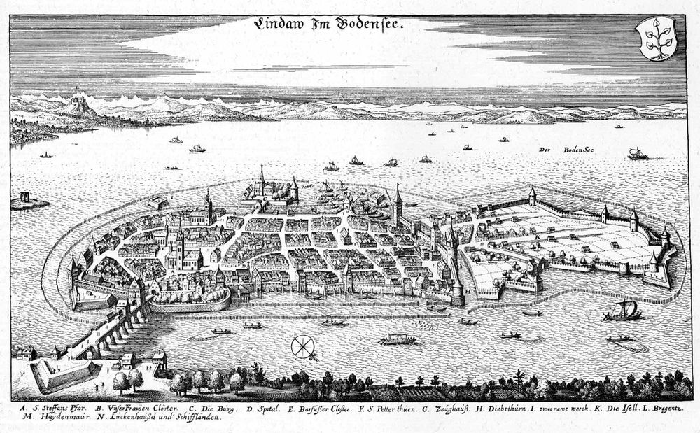 zeitgen. Stadtansicht Lindau im Bodensee, eine Brücke zum Festland, Merian ~1650