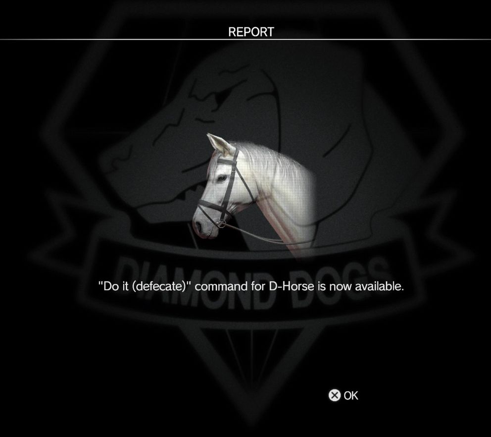 A Screenshot from Metal Gear Solid V: The Phantom Pain showing the best reward in the game. "Do it (defecate) command for D-Horse is now available"