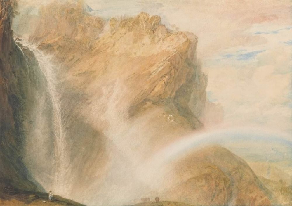 A watercolor of a thin waterfall in the mountains, and an associated rainbow emerging from the mist