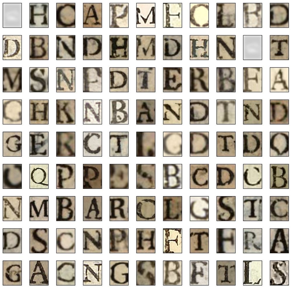 A grid of old typewritten letters, in different shapes and shades
