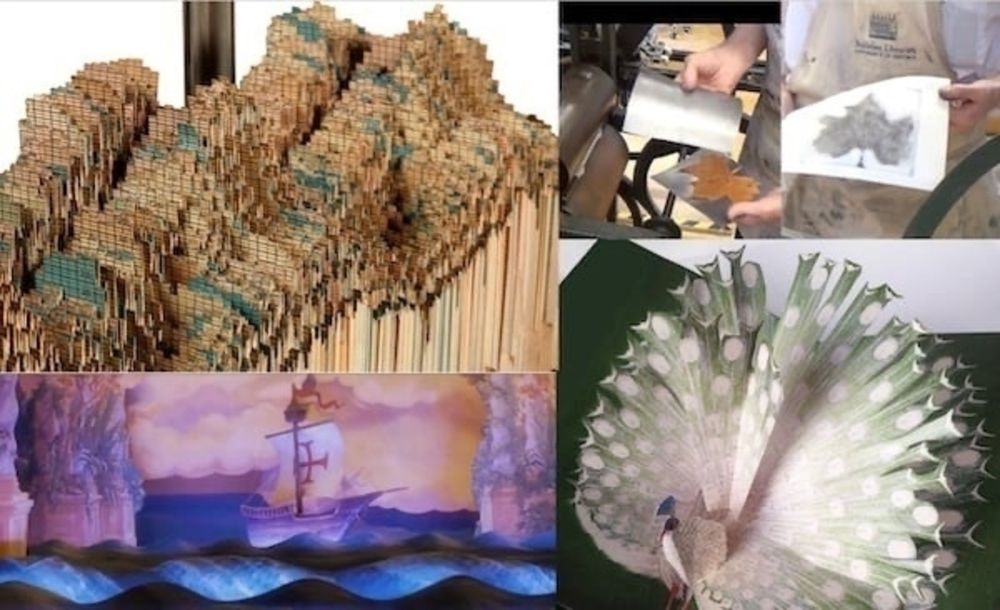 Four colorful images of creative uses of physical and digital media, including a paper peacock and a digital boat at sea
