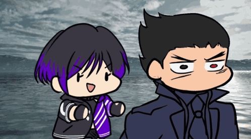 a cartoon of a boy with purple hair standing next to a man with black hair