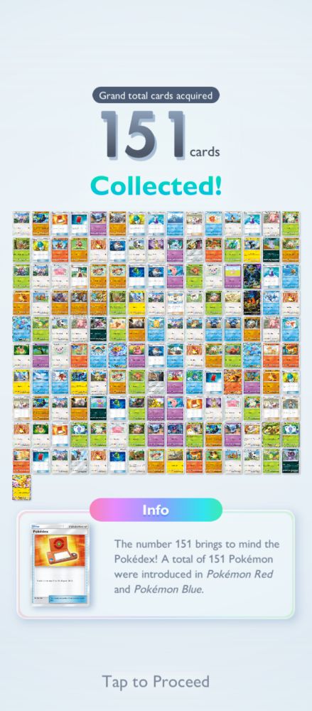 This is a screenshot from Pokemon Trading Card Game Pocket. Screenshot shows a grid of pokemon different collected Digital Pokemon Cards. This screenshot is a mile marker for 151 which is the original collection of pokemon from the Gen 1 games, Pokemon Red, Blue, and Yellow on the Gameboy!