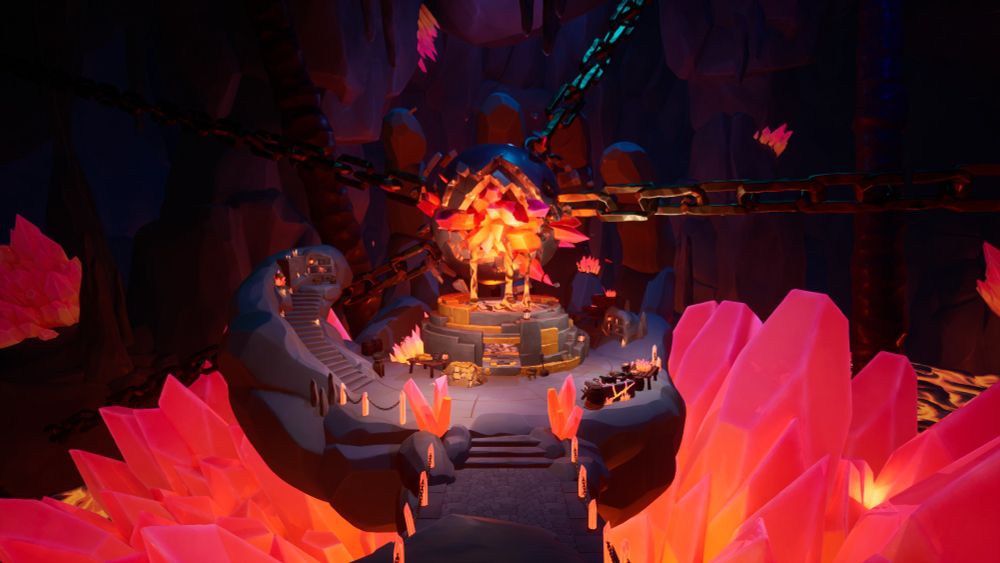 3D Artwork or a stylized sphere in a cavern filled with lava and crystals