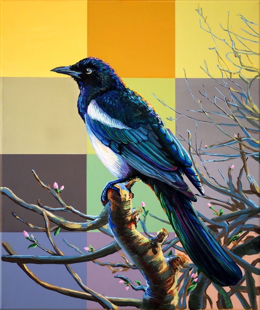 A painting of a magpie sitting on spring branches. The background is abstracted to squares of color