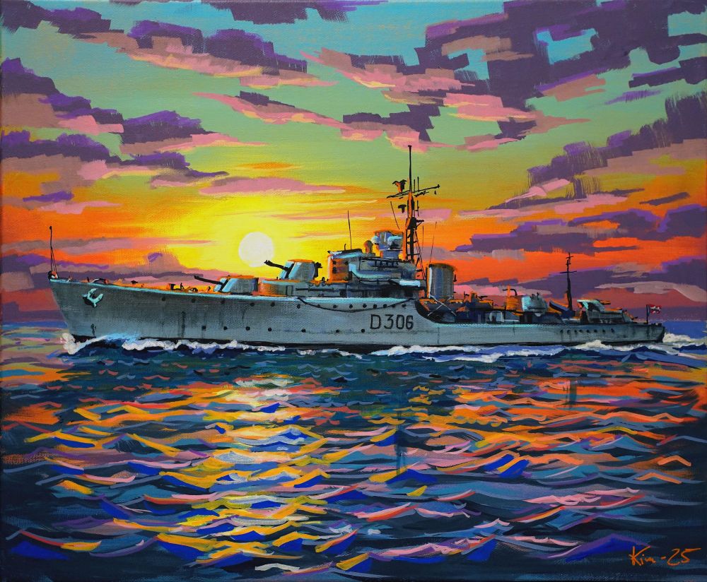 A colourful painting of a gun ship