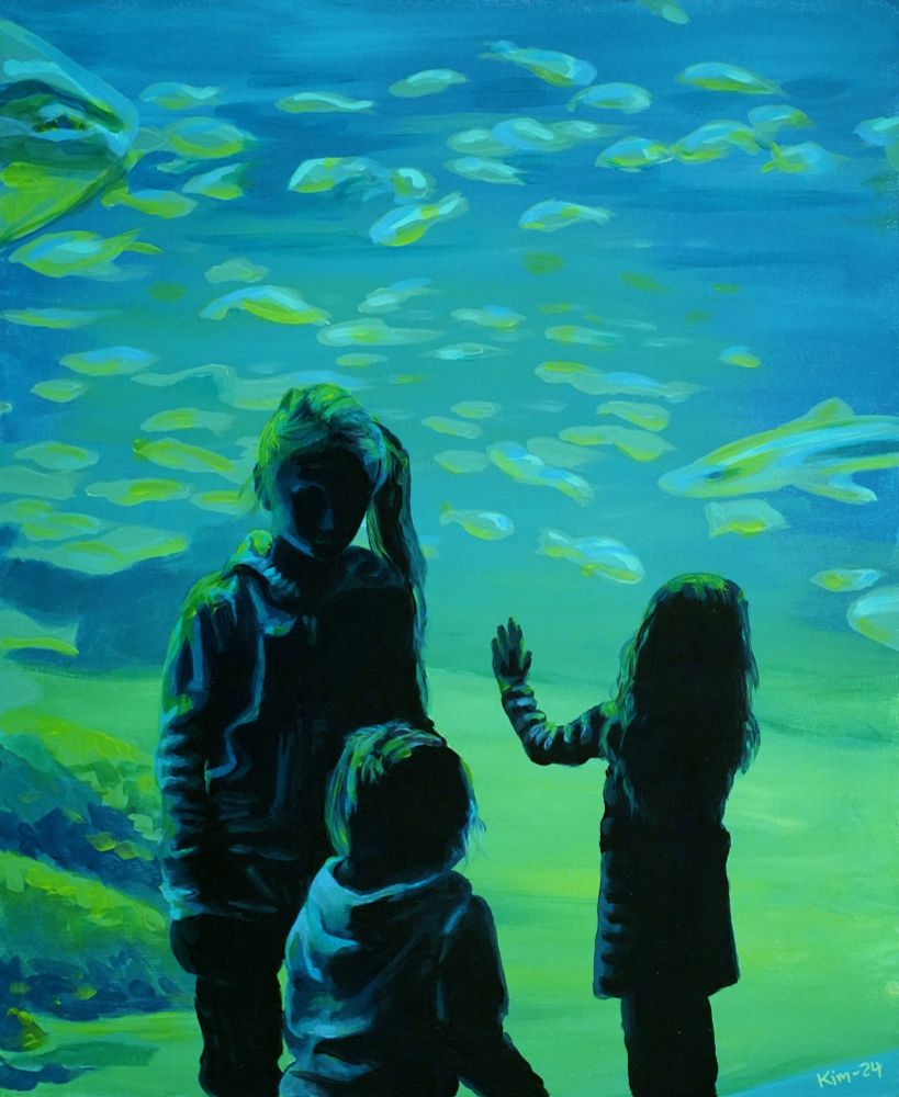 Painting of three girls by an aquarium 