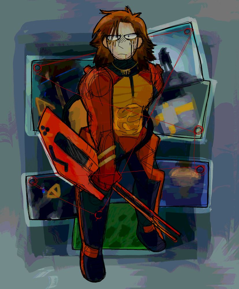 illustration of higgs. there are ill-defined photos of sam pinned together with string behind him.