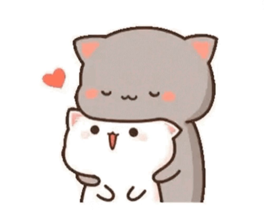 a cartoon cat is hugging another cat with a heart in its mouth .