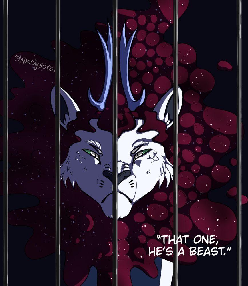 A drawing of a white lion with a red galaxy mane named Elio. He is looking directly at the viewer with an angry expression. He is behind 5 cage bars. There’s text in the bottom right that reads “That one, he’s a beast.”