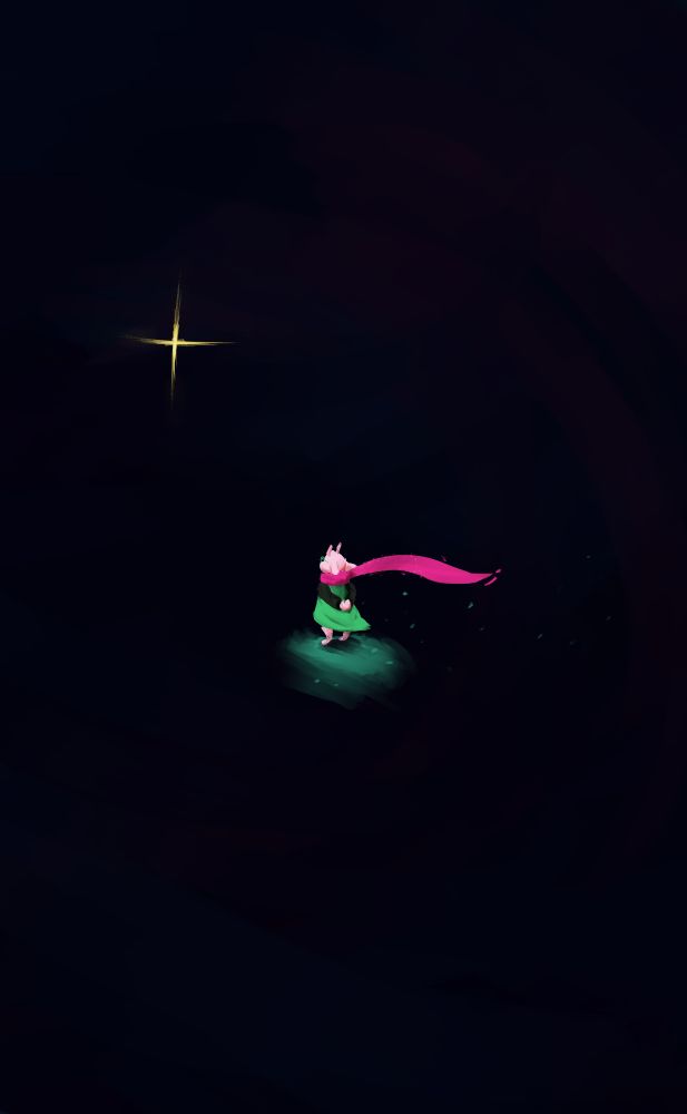 Ralsei (a small anthropomorphic goat) wearing a green long dress and black sleeves with a long magenta scarf stands in the middle of an oppressive darkness, hands behind his back. We are facing him from the back. He looks solemnly at a single, bright star in the empty darkness.