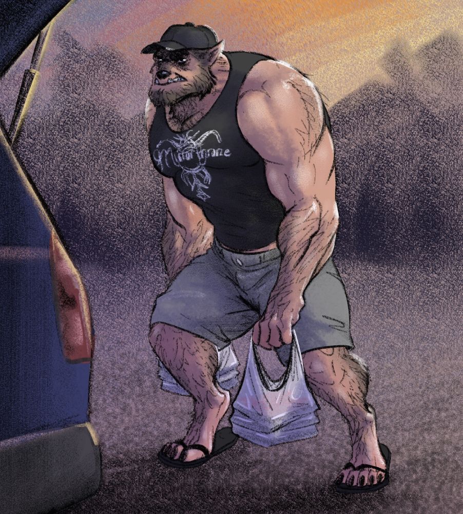 A charcoal style color illustration of a partially transformed coach looking guy holding grocery bags of meat products and preparing to load them into the back of his van. It’s sunset-ish time. He’s kinda wolfy, beardier than normal and already walking on digitigrade wolfy feet. He’s wearing a black tank top, flip flops and a black baseball cap. He’s not happy being in public like this, let alone being seen by one of his students. Please don’t tell your friends on Monday! 