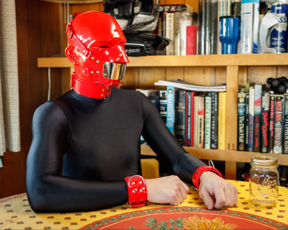 Wearing red silicone cuffs, collar, and muzzle over black spandex catsuit.