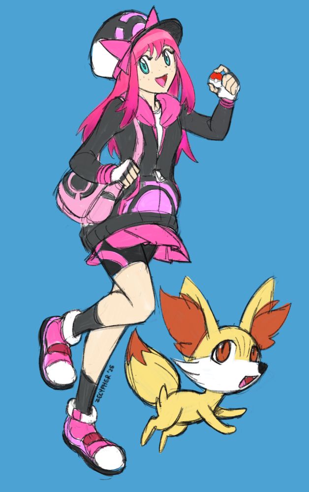 A pokemon trainer with pink hair with a fennekin