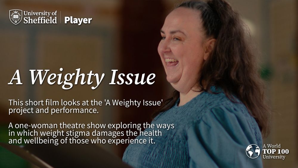 Actor, Alison Fitzjohn on stage and smiling.

There is text reading "A Weighty Issue" and sub text reading "This short film looks at the 'A Weighty Issue'
project and performance.

A one-woman theatre show exploring the ways
in which weight stigma damages the health
and wellbeing of those who experience it."