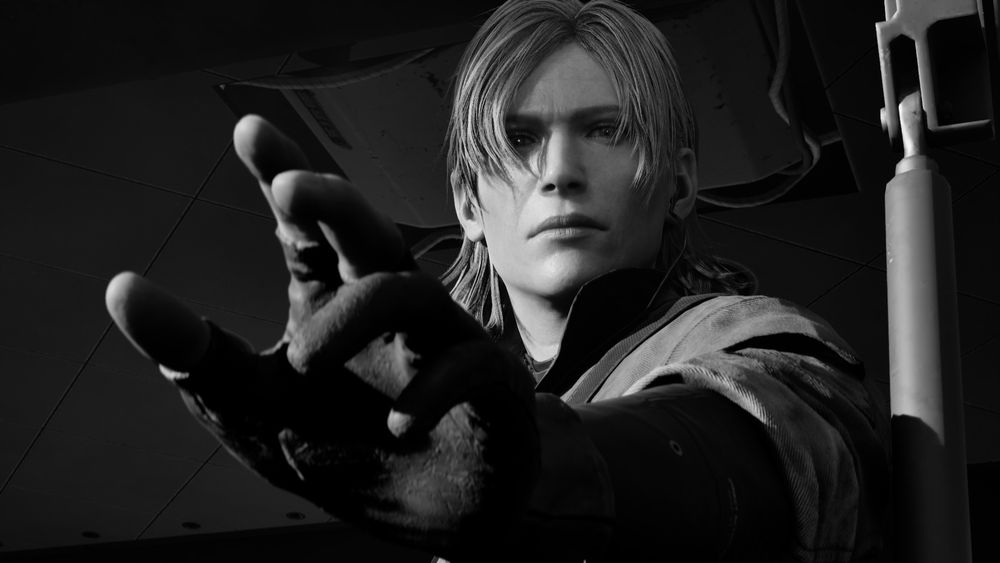 Black and white closeup of The Boss from Metal Gear Solid 3 Delta, mournfully reaching forwards