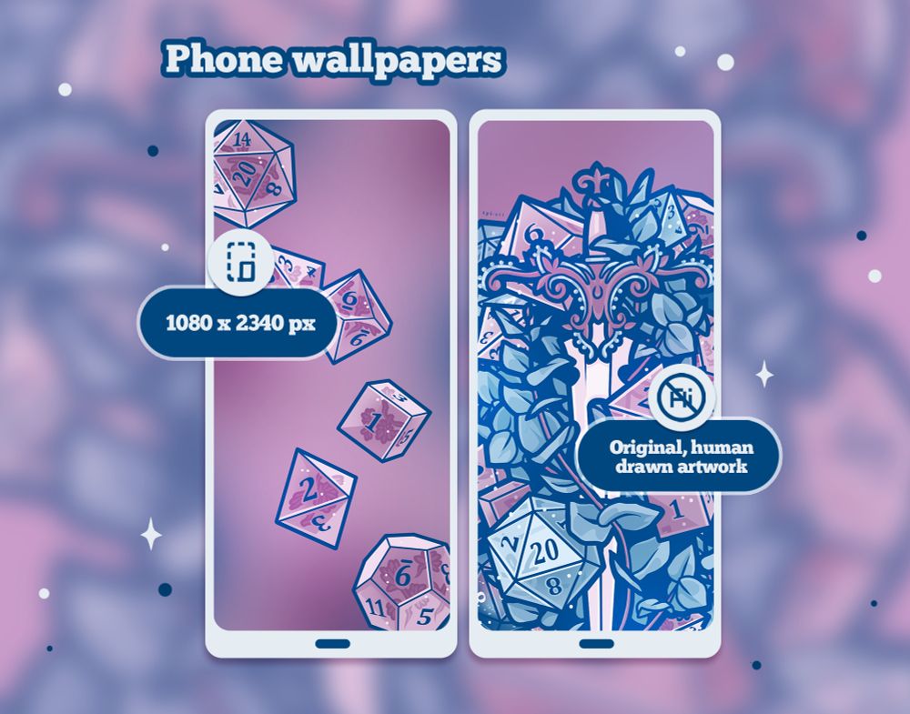 Listing image of a wallpaper set consisting of dnd dice and sword in pink hue