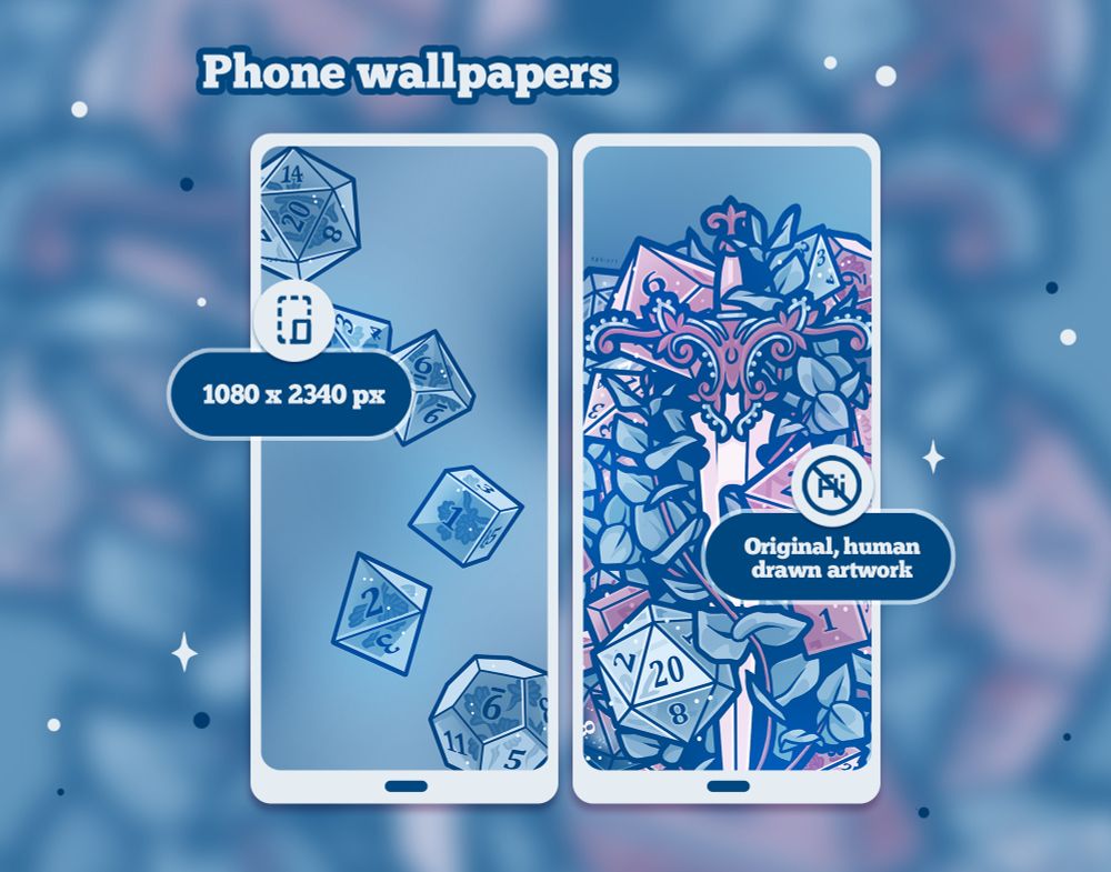 Listing image of a wallpaper set consisting of dnd dice and sword in blue hue