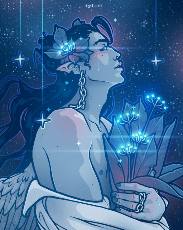 Bust drawing of my OC Isaiah, facing sideways as he's looking up at the night sky and crying softly, holding a bouquet of glowing flowers
