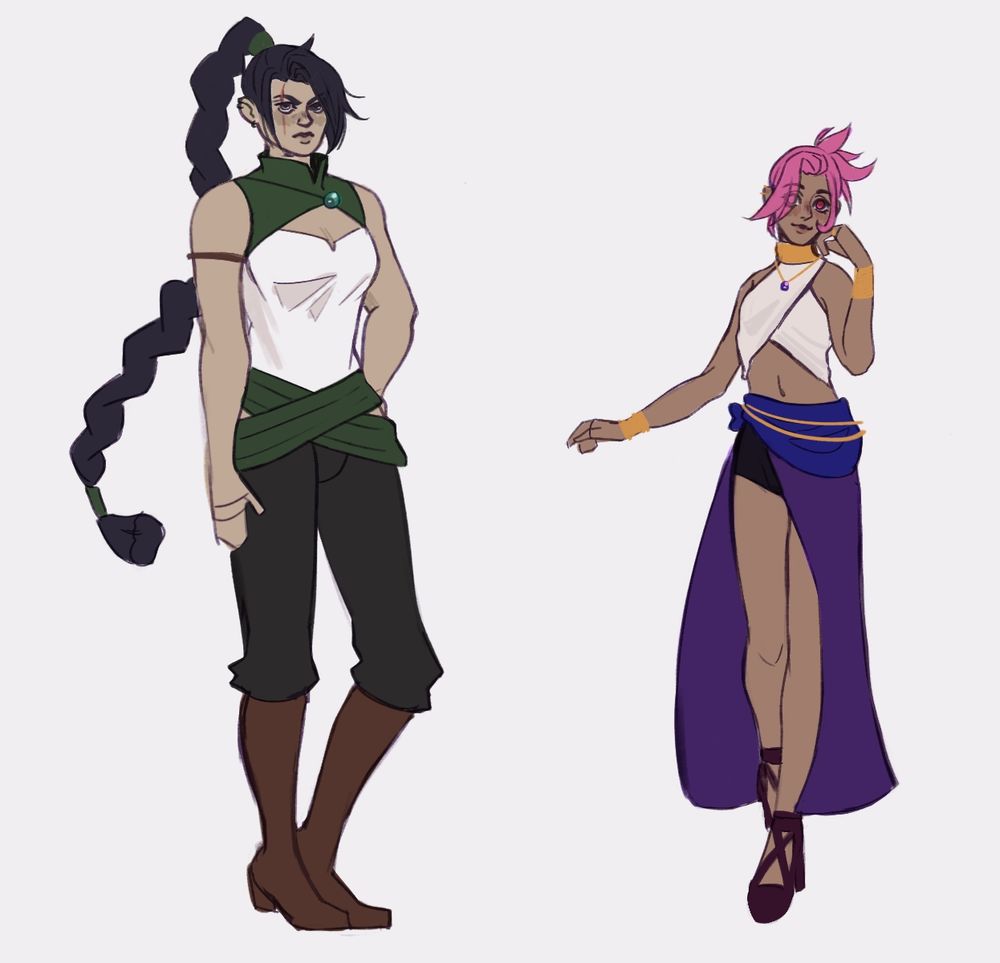 There are two character designs on a plain white background. A taller, buff female character on the left. She has a green bolero over a white shirt, green and black pants, and brown boots. Her hair is tied up in a long black braid. She has a pale olive skin tone, and a scar runs over her left eye, which is a different color than the right.
The one on the right appears much more femme, but goes by he/him. He has a white wrapped top, and a long purple skirt slit up the leg, with black shorts for comfort. Around his waist is a blue sash and gold chains. He wears a gold choker, bracers, necklace, and earrings. His shoes are strappy dark colored heeled sandals. His pink hair is tied back in a short, spiky ponytail, and he has reddish pink eyes and medium toned skin.