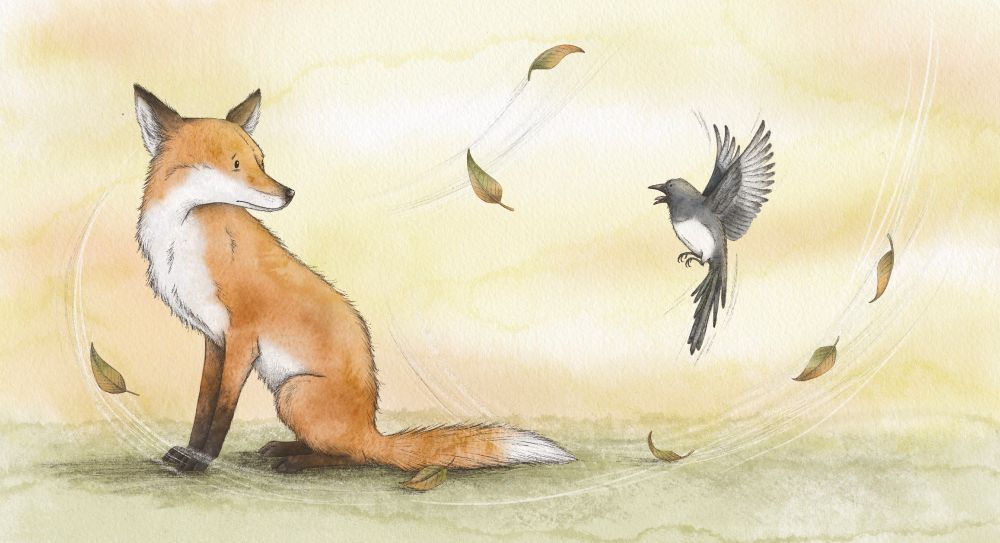 An illustration for children of a red fox looking at a magpie that is in the air nearby. The magpie looks distressed and the fox is concerned. Autumn leaves are blowing around them and the sky is a warm yellow.