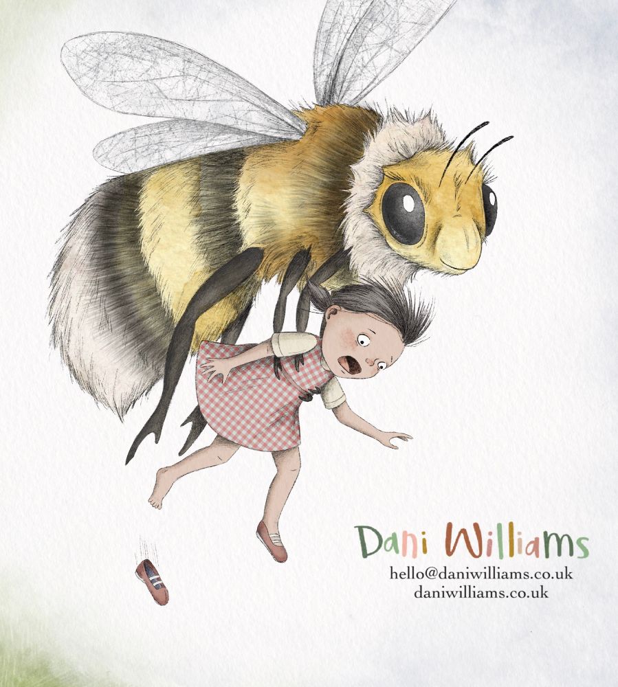 An illustration of a huge but friendly-looking bee flying while carrying a frightened little girl in his arms.