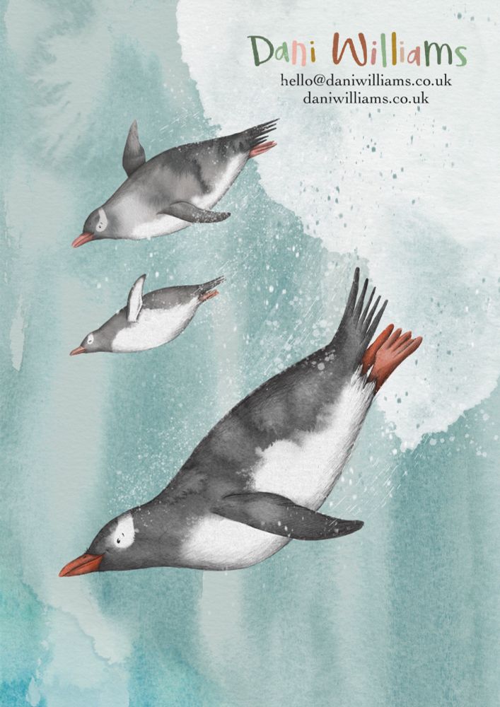 An illustration of three gentoo penguins diving under turquoise water with white ice behind them. The penguins have smily, friendly faces.