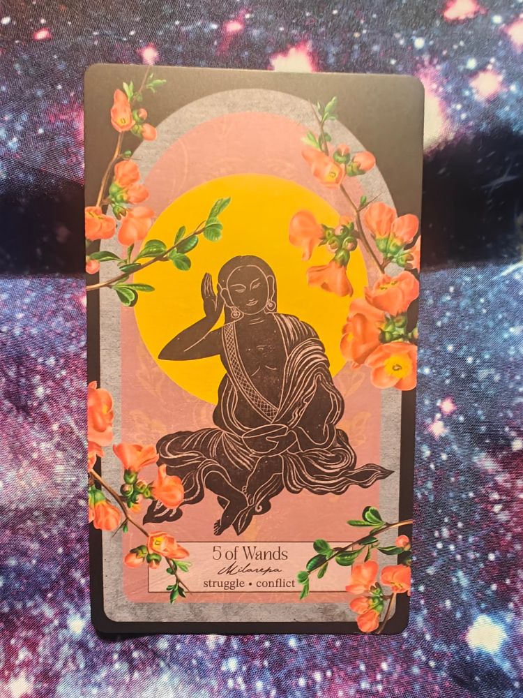 Milarepa, a Tibetan yogi, sits holding a bowl in his lap, the other hand beside his ear listening.