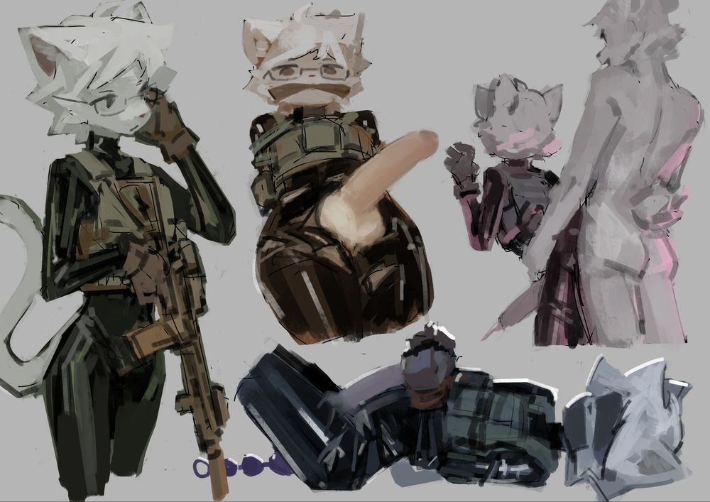 Niko (cat furry) in tactical latex outfit, being tied up and put in sexy situations :3

From left to right to bottom:
1. Niko standing with a rifle
2. Niko tied up and gagged with his outfit ripped and his cock out.
3. Niko being fucked in the ass awesome style by Spruce (big polar bear furry)
4. Niko tied, gagged, blindfolded with his cock out and some anal beads up his ass.
